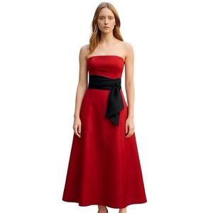 Bill Levkoff Red Strapless Satin Gown Black Sash Bow Formal Evening Dress Size 6